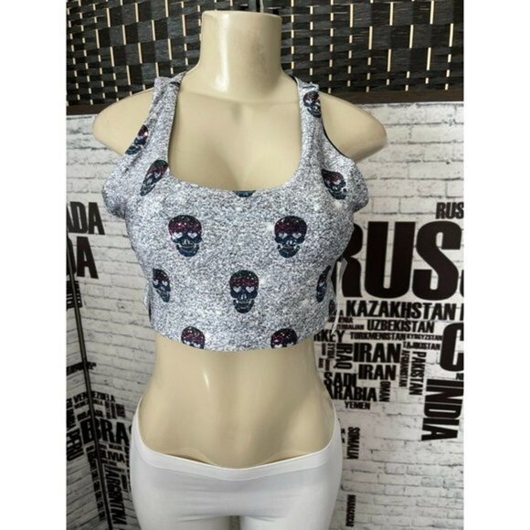 Terez L Black Multi Skull Print Scoop Neck Racerback Sport Bra - Picture 1 of 5